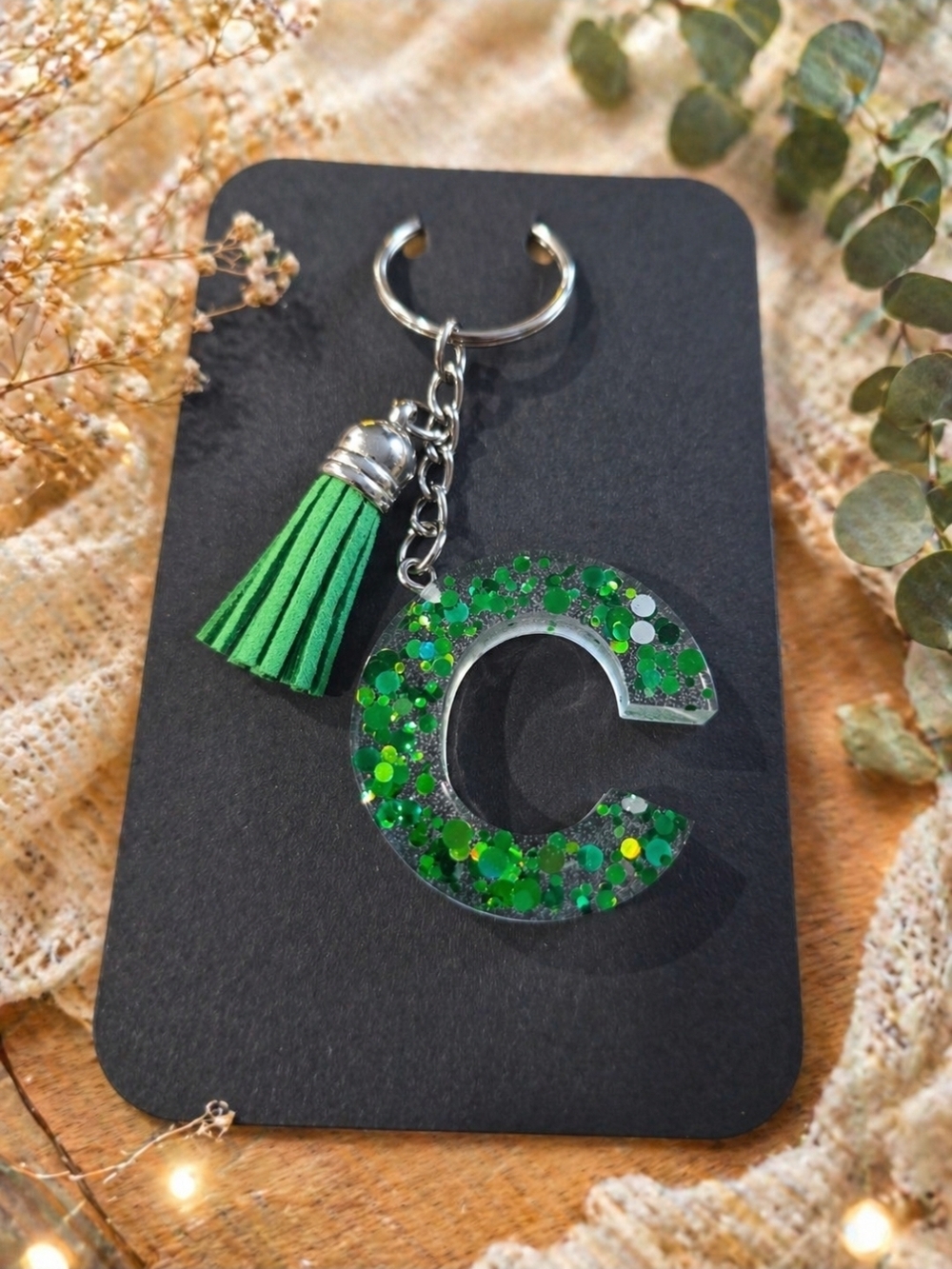 Green Glitter Initial C Keychain with Tassel